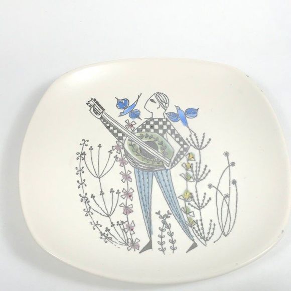 Stavangerflint Danish modern Man with the Mandolin Hand painted Plate, retro MCM - Picture 3 of 9